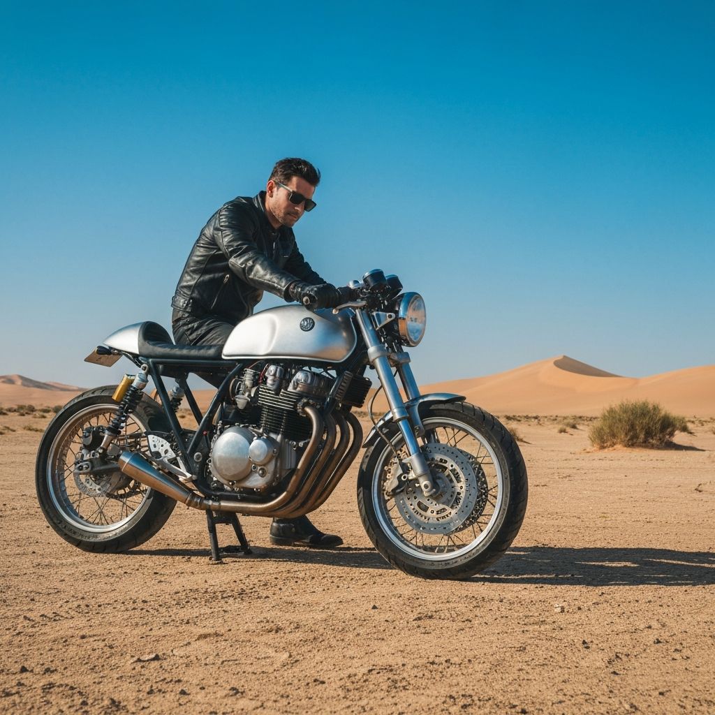 Srebrny motocykl na pustyni