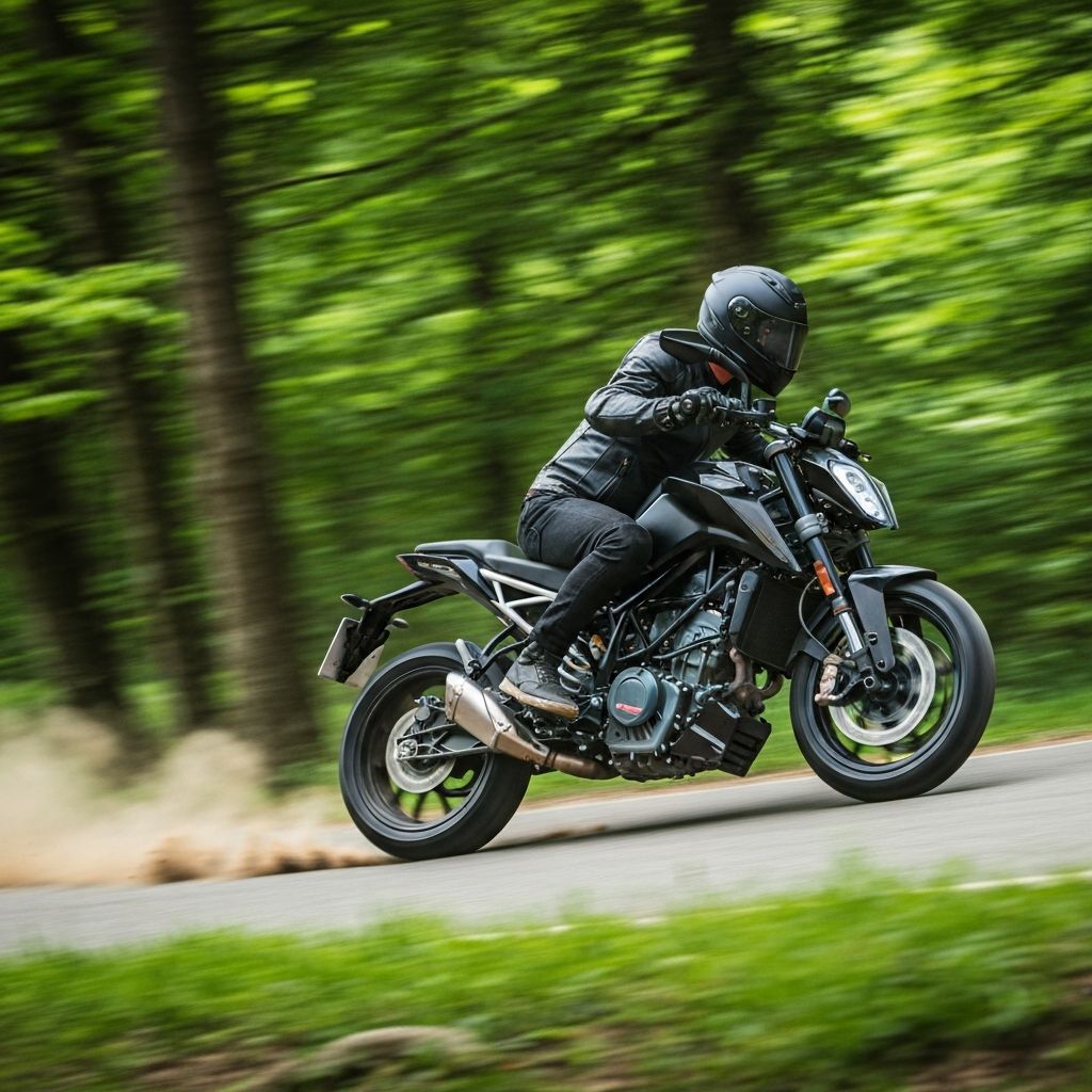 Czarny motocykl na leśnej drodze